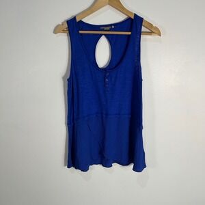 Anthropologie Little Yellow Button Tank Top Blue Sz M Henley Style, Trendy Basic